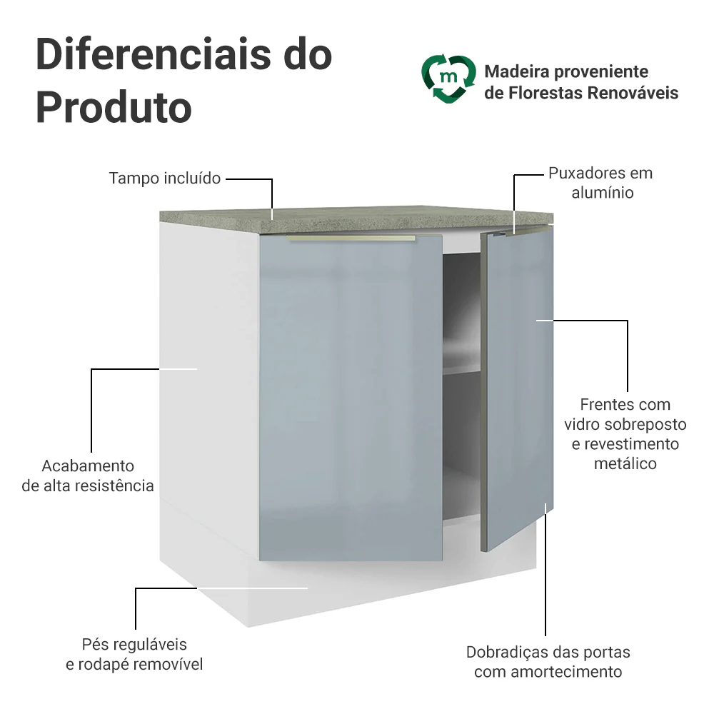 Balcão de Cozinha 70 x 60 cm 2 Portas (Com Tampo) Branco/Cinza Lux Madesa - Image 3