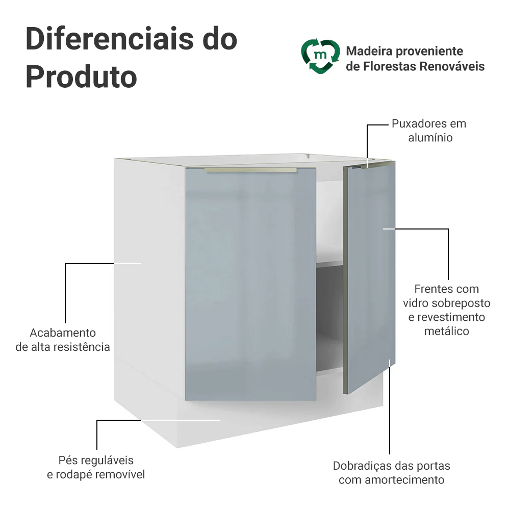Balcão de Cozinha 70 x 60 cm 2 Portas (Sem Tampo) Branco/Cinza Lux Madesa - Image 3