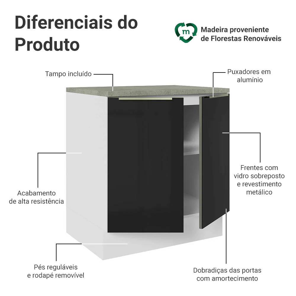 Balcão de Cozinha 70 x 60 cm 2 Portas (Com Tampo) Branco/Preto Lux Madesa - Image 3