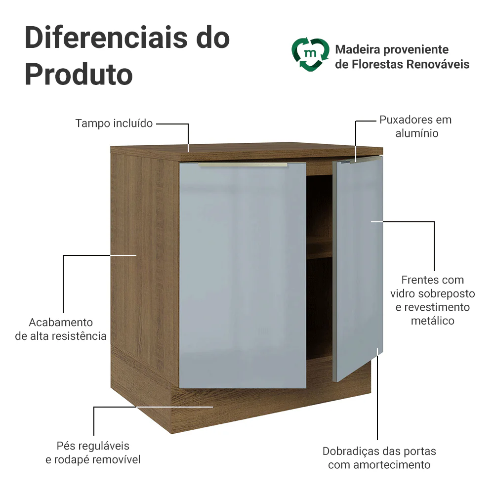 Balcão de Cozinha 70 x 60 cm 2 Portas (Com Tampo) Rustic/Cinza Lux Madesa - Image 3