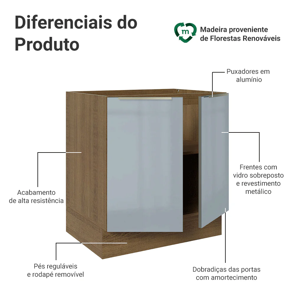 Balcão de Cozinha 70 x 60 cm 2 Portas (Sem Tampo) Rustic/Cinza Lux Madesa - Image 3