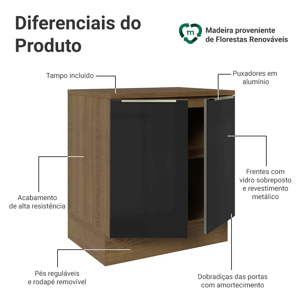 Balcão de Cozinha 70 x 60 cm 2 Portas (Com Tampo) Rustic/Preto Lux Madesa - Image 3