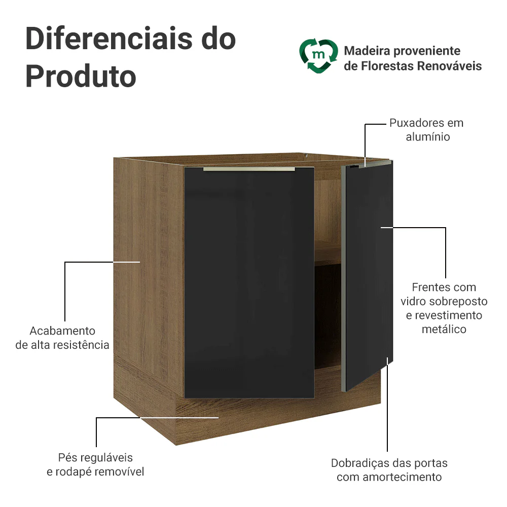 Balcão de Cozinha 70 x 60 cm 2 Portas (Sem Tampo) Rustic/Preto Lux Madesa - Image 3