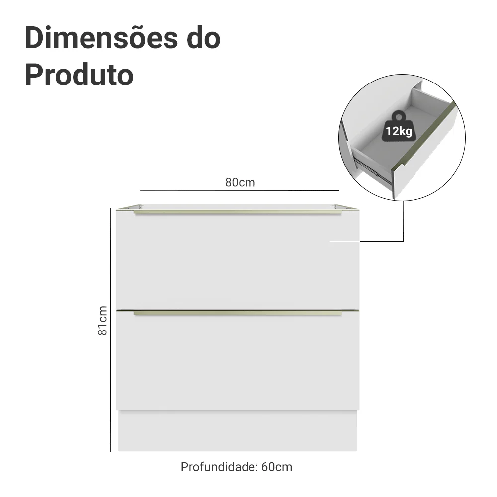 Balcão de Cozinha 80 x 60 cm 2 Gavetas (Sem Tampo) Branco/Branco Veludo Lux Madesa - Image 2