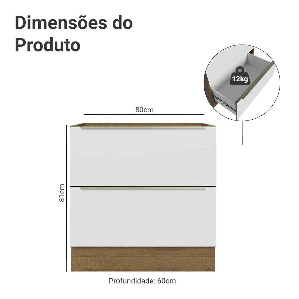 Balcão de Cozinha 80 x 60 cm 2 Gavetas (Sem Tampo) Rustic/Branco Veludo Lux Madesa - Image 2