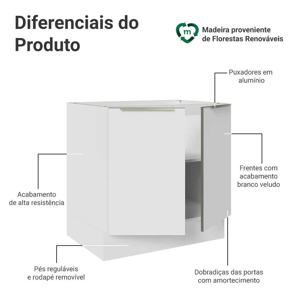 Balcão de Cozinha 80 x 60 cm 2 Portas (Sem Tampo) Branco/Branco Veludo Lux Madesa - Image 3