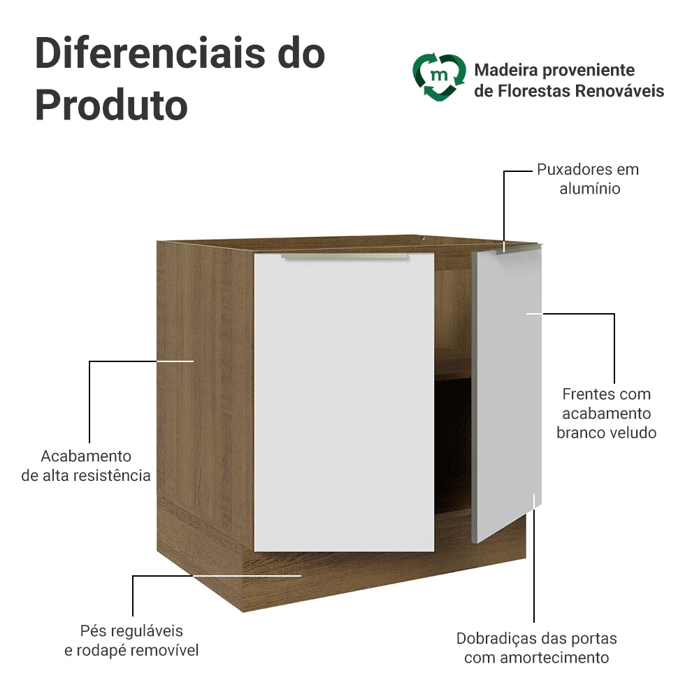 Balcão de Cozinha 80 x 60 cm 2 Portas (Sem Tampo) Rustic/Branco Veludo Lux Madesa - Image 3