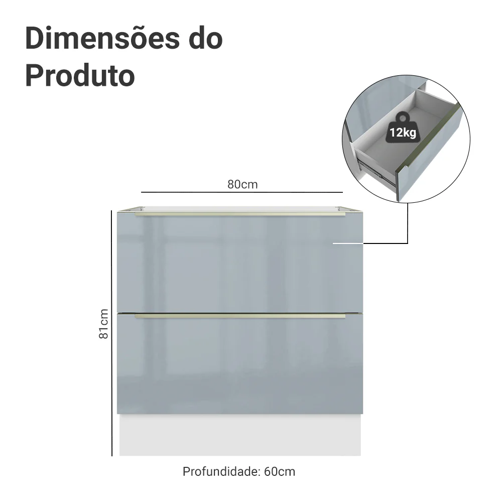 Balcão de Cozinha 80 x 60 cm 2 Gavetas (Sem Tampo) Branco/Cinza Lux Madesa - Image 2