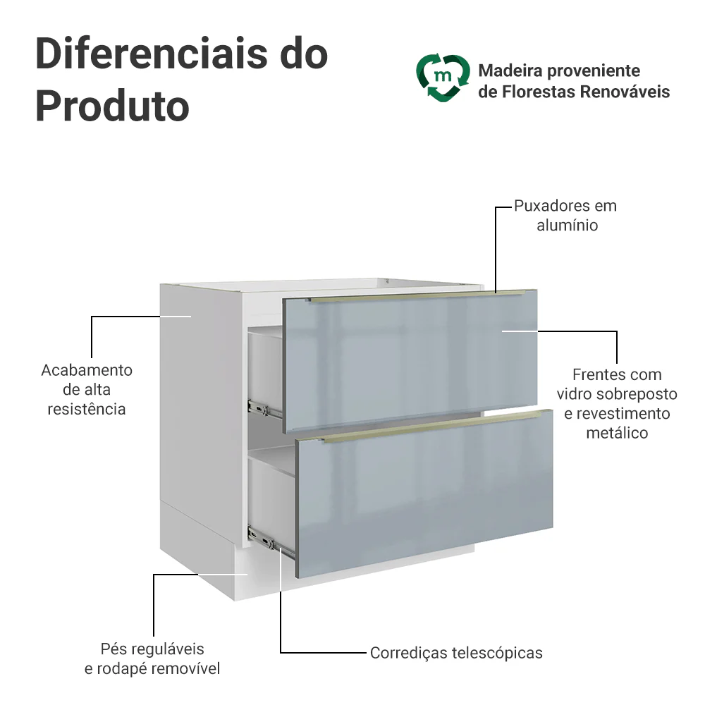 Balcão de Cozinha 80 x 60 cm 2 Gavetas (Sem Tampo) Branco/Cinza Lux Madesa - Image 3