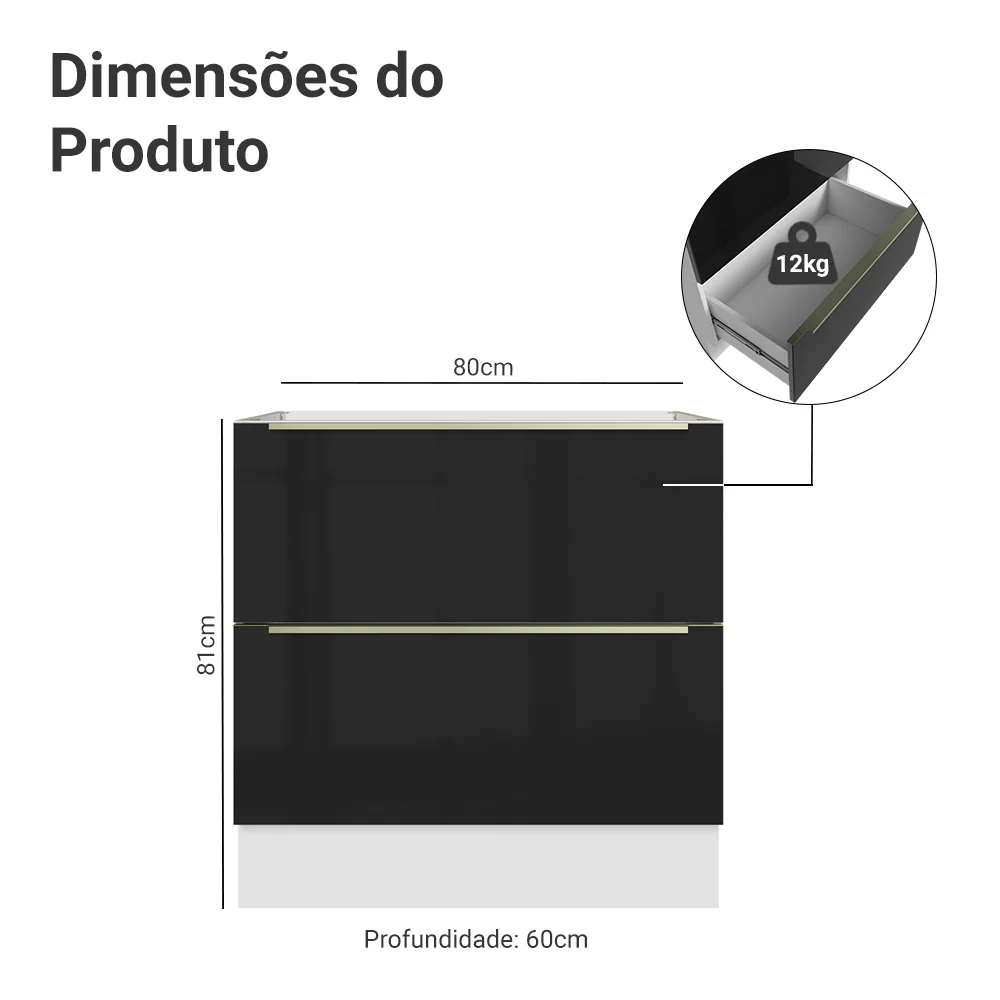 Balcão de Cozinha 80 x 60 cm 2 Gavetas (Sem Tampo) Branco/Preto Lux Madesa - Image 2