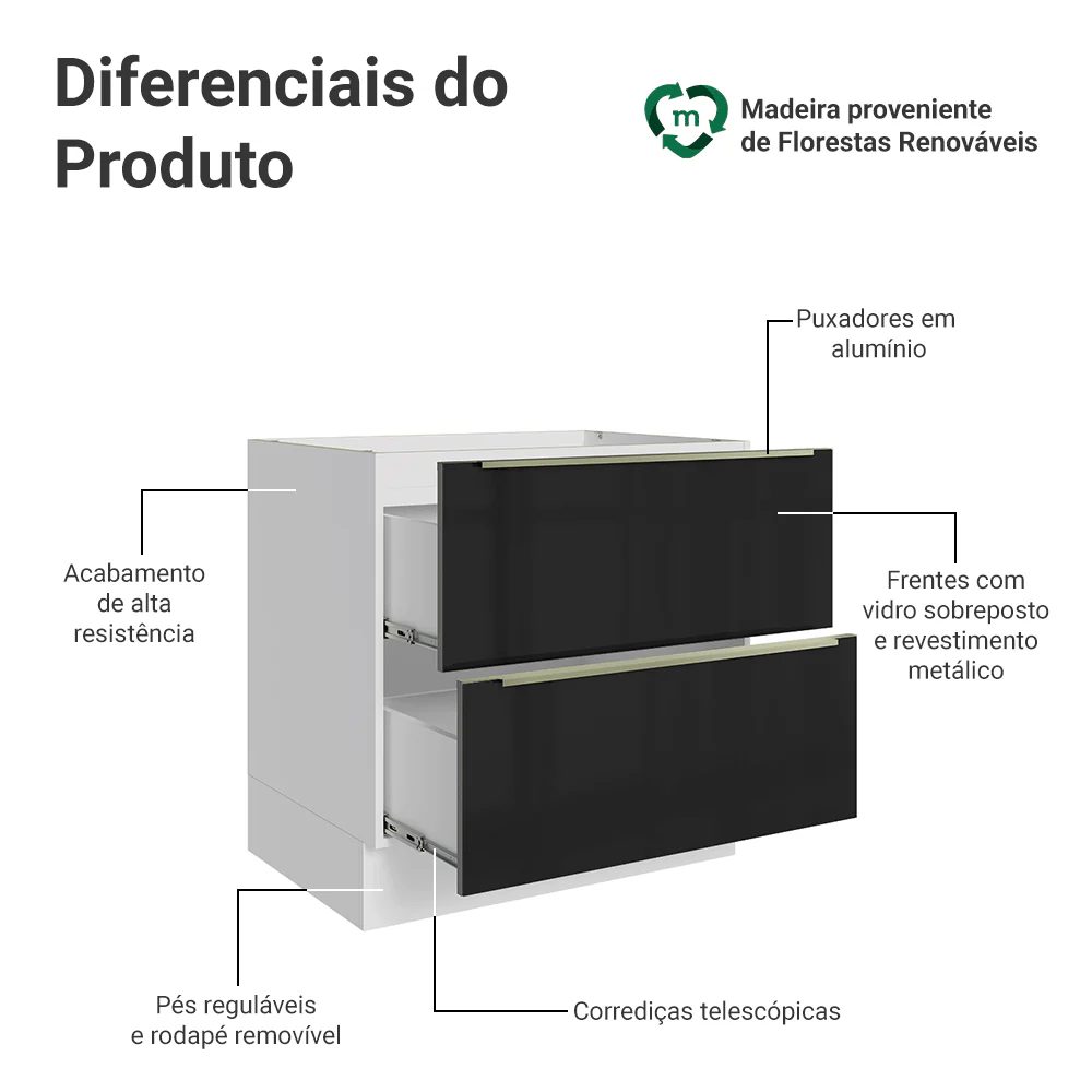 Balcão de Cozinha 80 x 60 cm 2 Gavetas (Sem Tampo) Branco/Preto Lux Madesa - Image 3