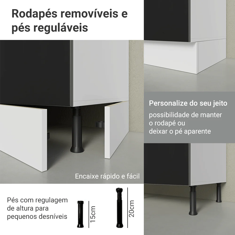 Balcão de Cozinha 80 x 60 cm 2 Gavetas (Sem Tampo) Branco/Preto Lux Madesa - Image 8