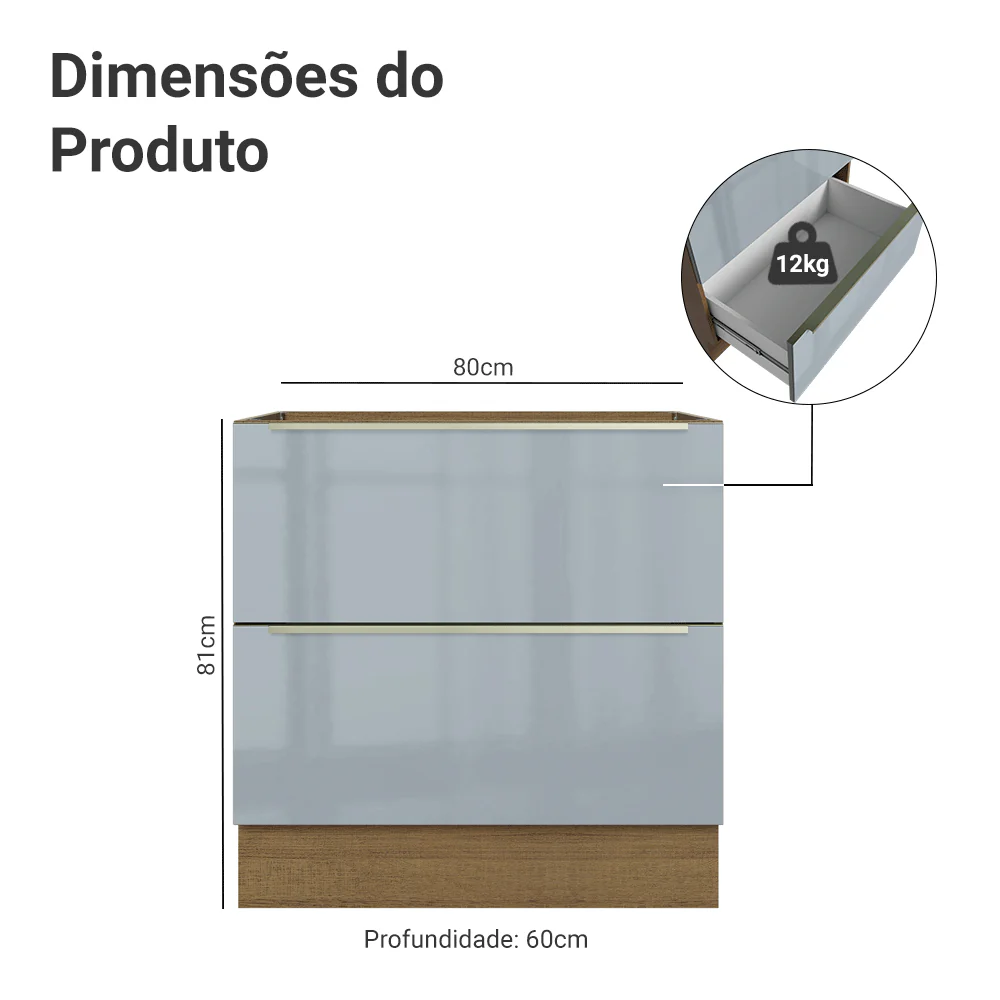 Balcão de Cozinha 80 x 60 cm 2 Gavetas (Sem Tampo) Rustic/Cinza Lux Madesa - Image 2