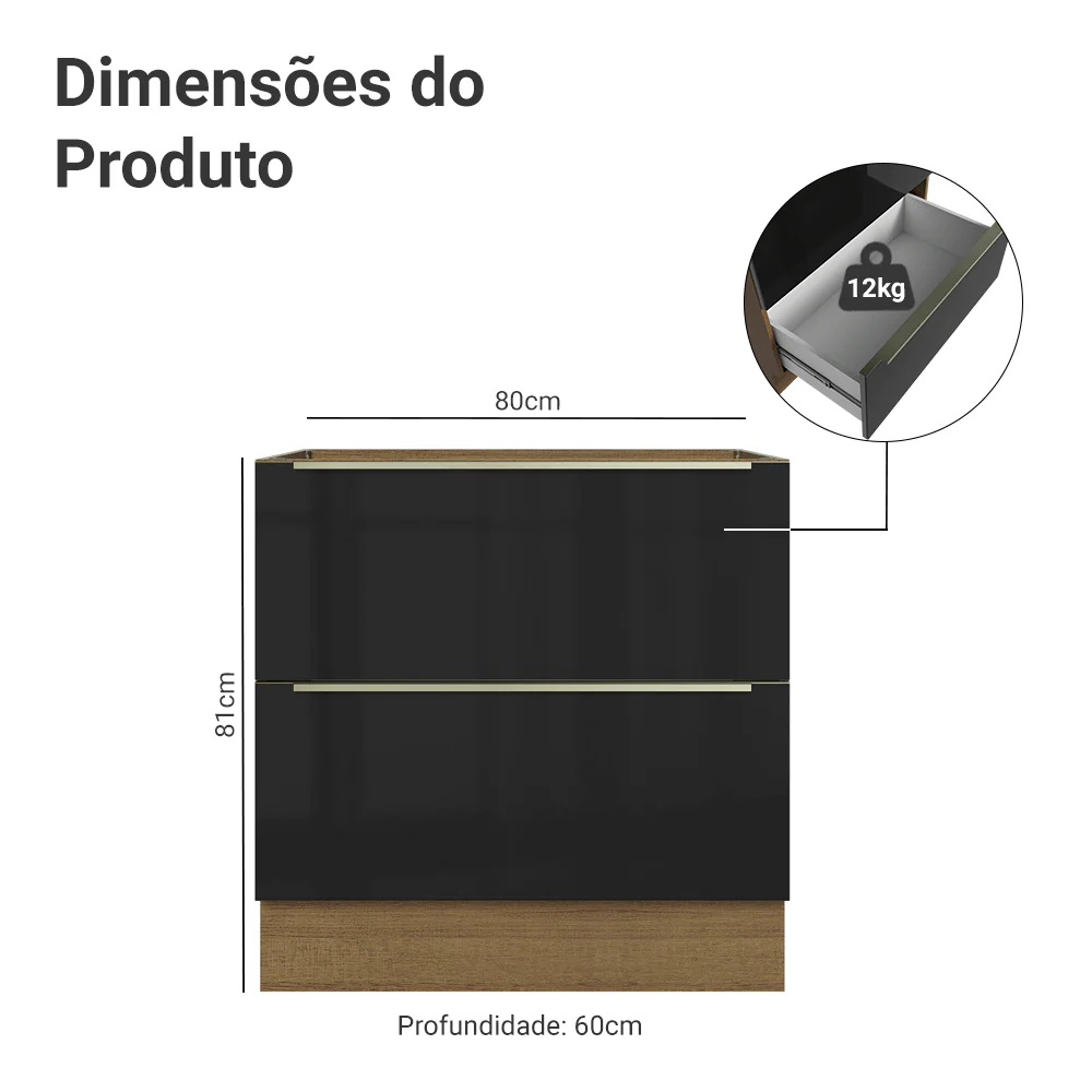Balcão de Cozinha 80 x 60 cm 2 Gavetas (Sem Tampo) Rustic/Preto Lux Madesa - Image 2