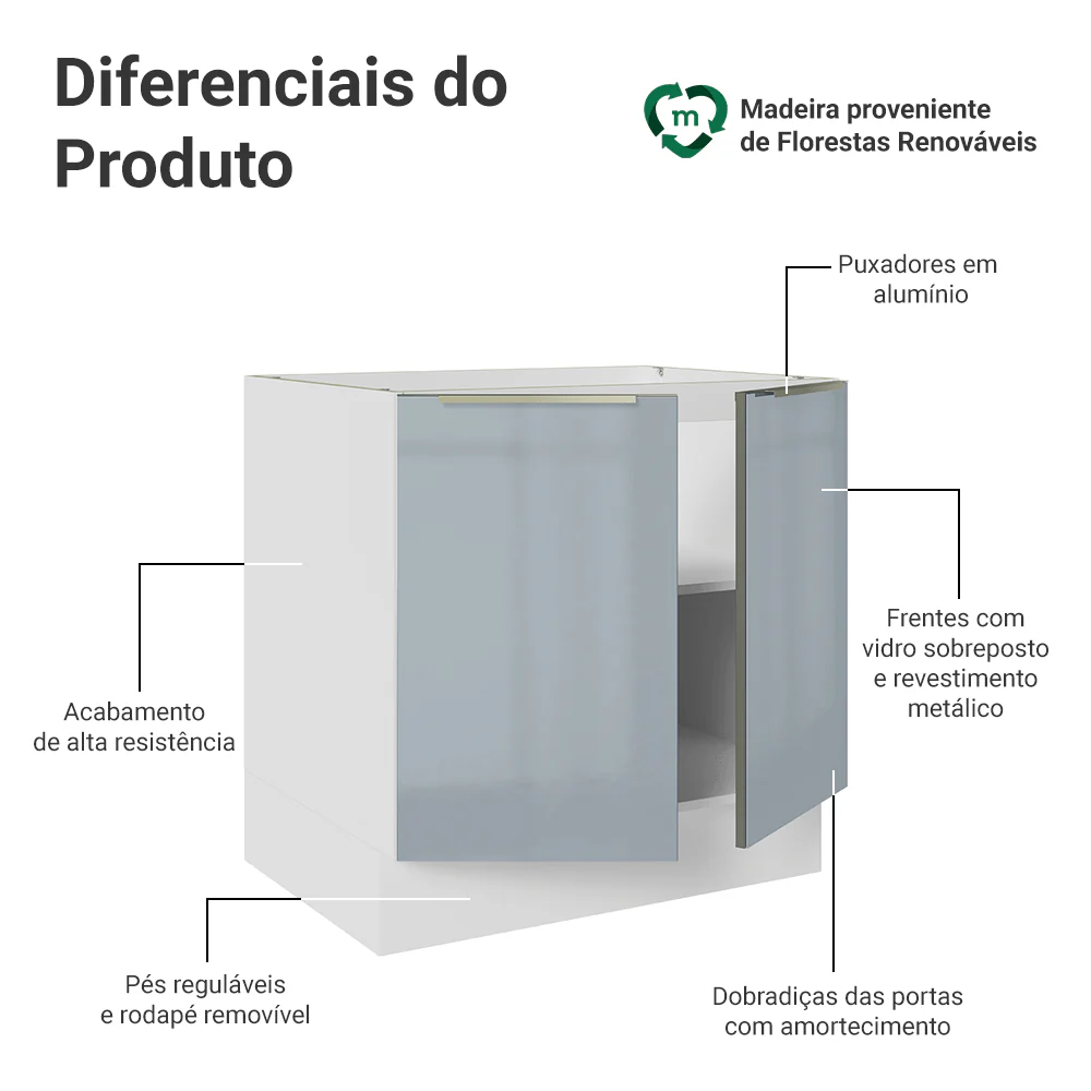 Balcão de Cozinha 80 x 60 cm 2 Portas (Sem Tampo) Branco/Cinza Lux Madesa - Image 3