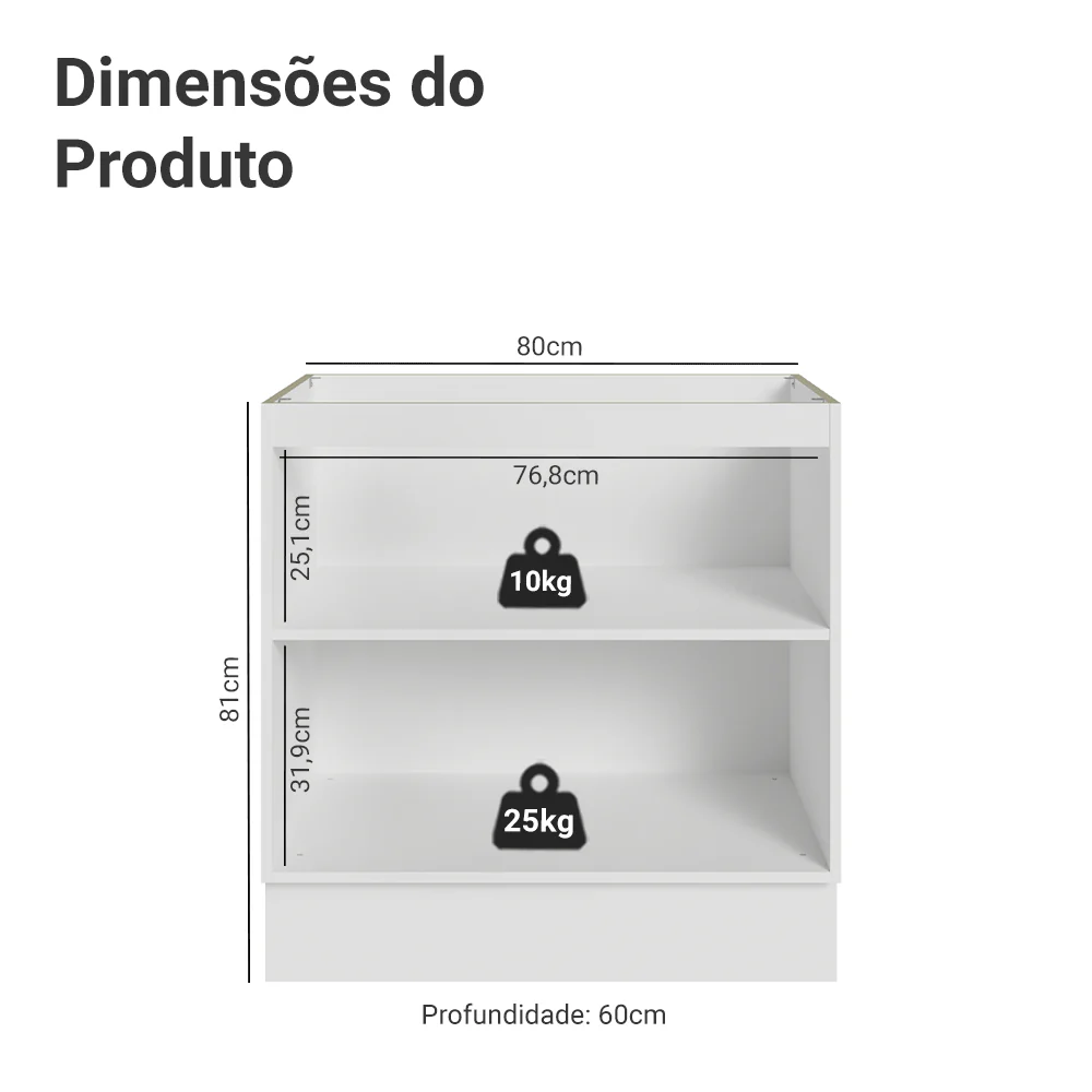 Balcão de Cozinha 80 x 60 cm 2 Portas (Sem Tampo) Branco/Preto Lux Madesa - Image 2