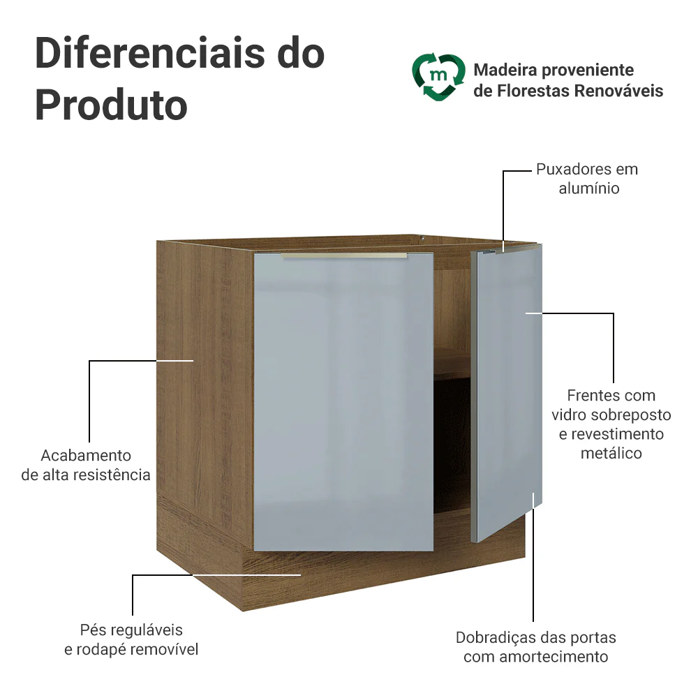 Balcão de Cozinha 80 x 60 cm 2 Portas (Sem Tampo) Rustic/Cinza Lux Madesa - Image 3