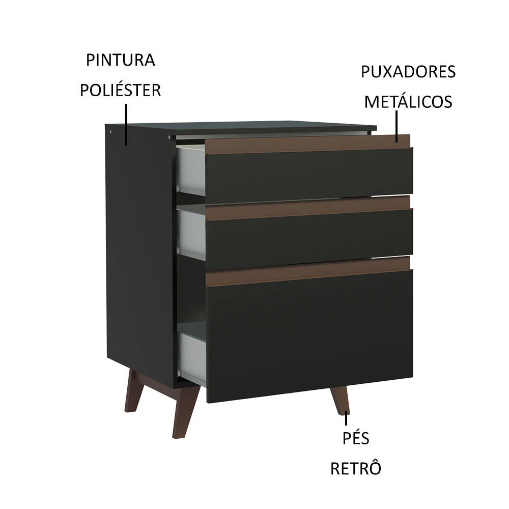 Balcão Madesa Reims 60 cm 3 Gavetas Preto - Image 3