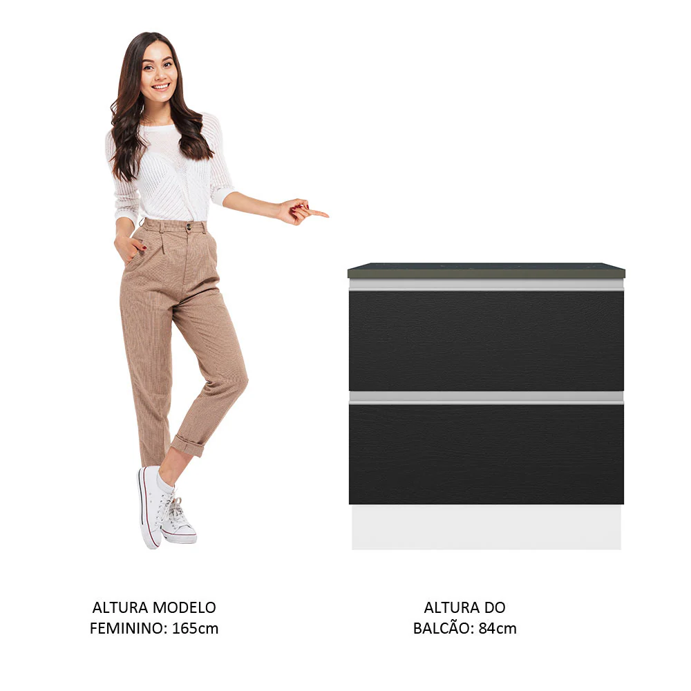 Balcão 100% MDF 80cm 2 Gavetas Branco/Preto Acordes Madesa - Image 3