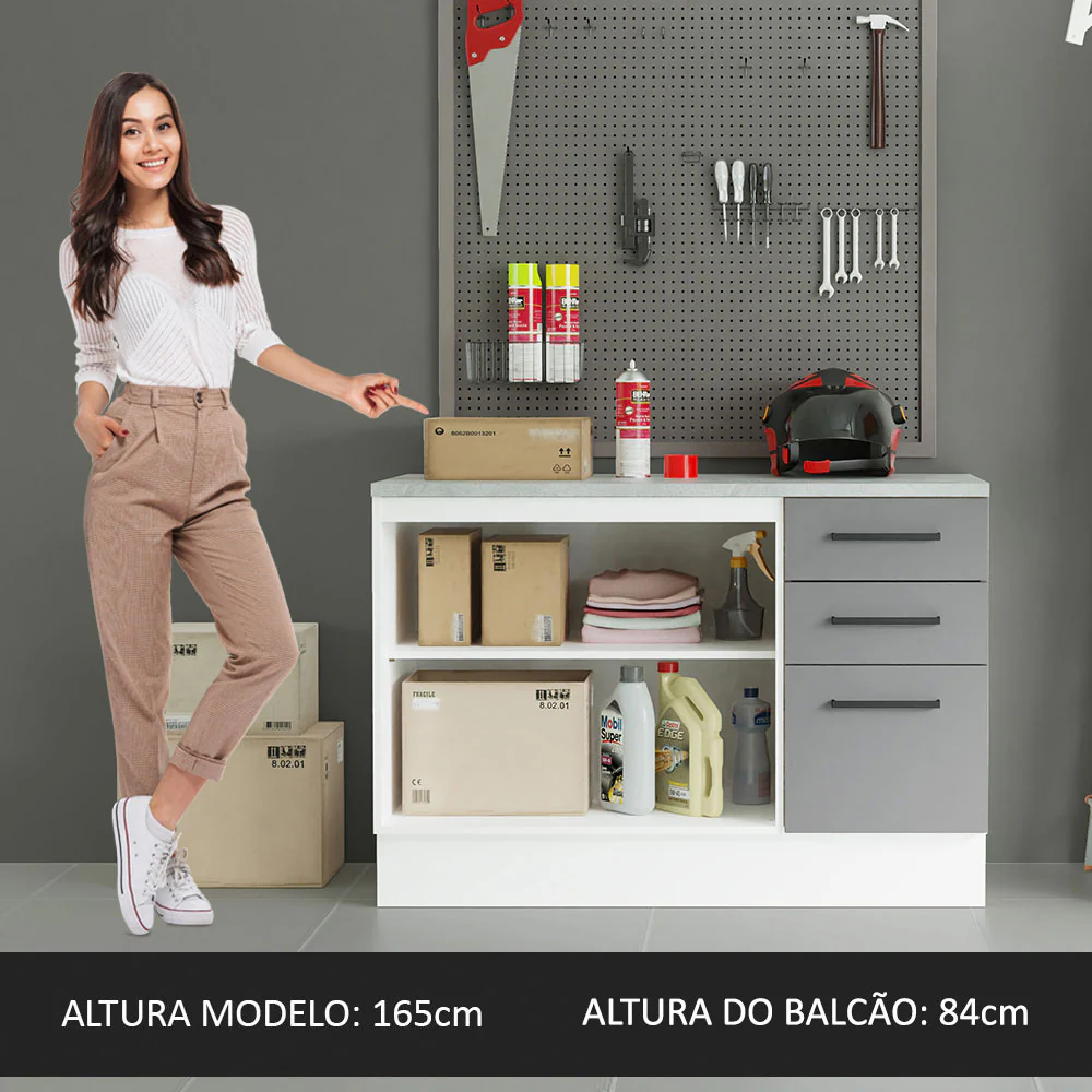 Balcão Multiuso 120cm 2 Portas 3 Gavetas Branco/Cinza Agata Madesa - Image 6