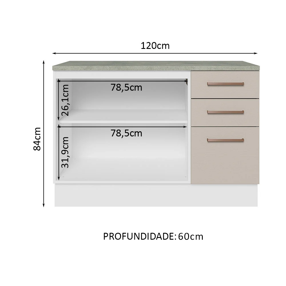 Balcão Multiuso 120cm 2 Portas 3 Gavetas Branco/Crema Agata Madesa - Image 4