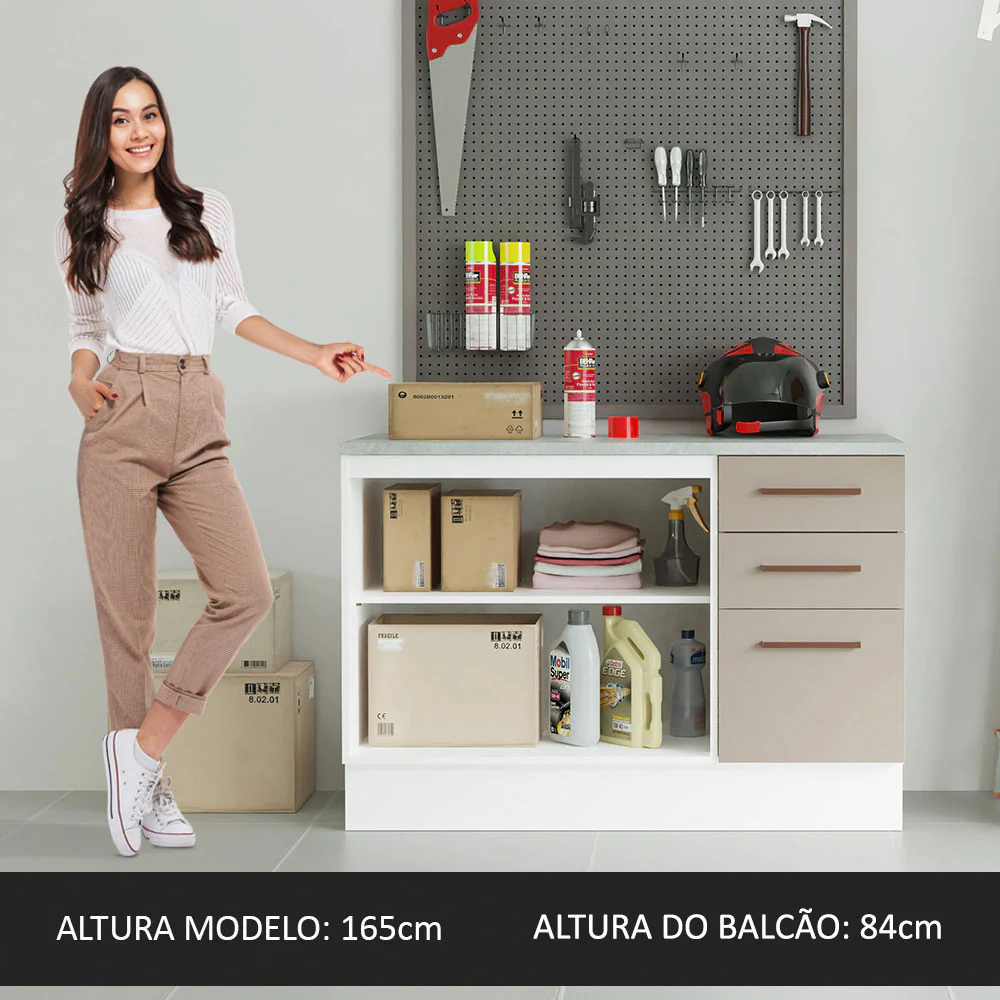 Balcão Multiuso 120cm 2 Portas 3 Gavetas Branco/Crema Agata Madesa - Image 6