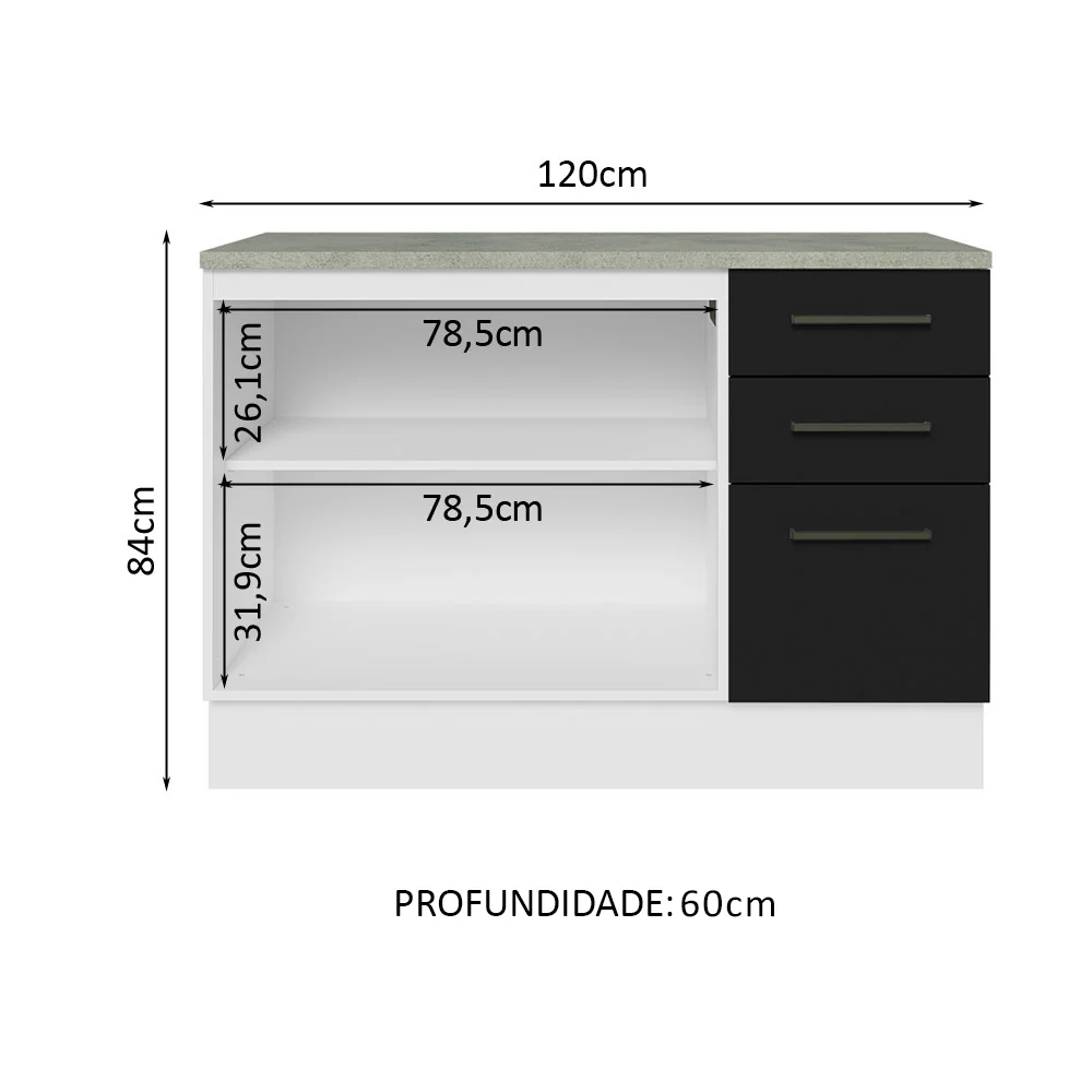 Balcão Multiuso 120cm 2 Portas 3 Gavetas Branco/Preto Agata Madesa - Image 4