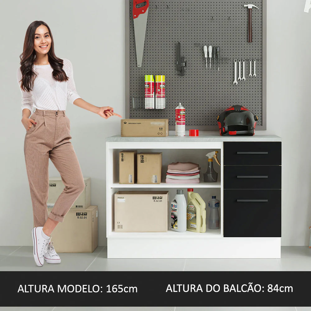Balcão Multiuso 120cm 2 Portas 3 Gavetas Branco/Preto Agata Madesa - Image 6