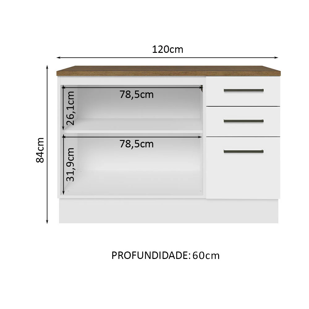 Balcão Multiuso 120cm 2 Portas 3 Gavetas Branco/Rustic Agata Madesa - Image 4