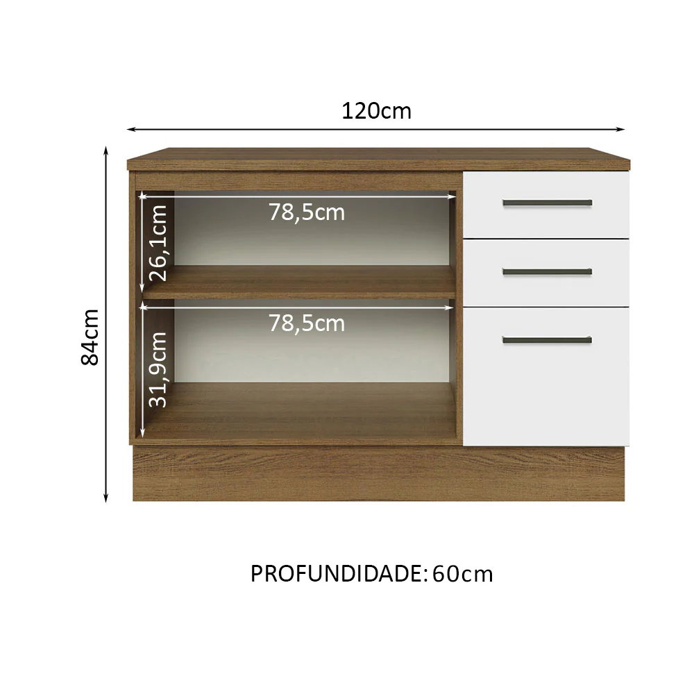 Balcão Multiuso 120cm 2 Portas 3 Gavetas Rustic/Branco Agata Madesa - Image 4