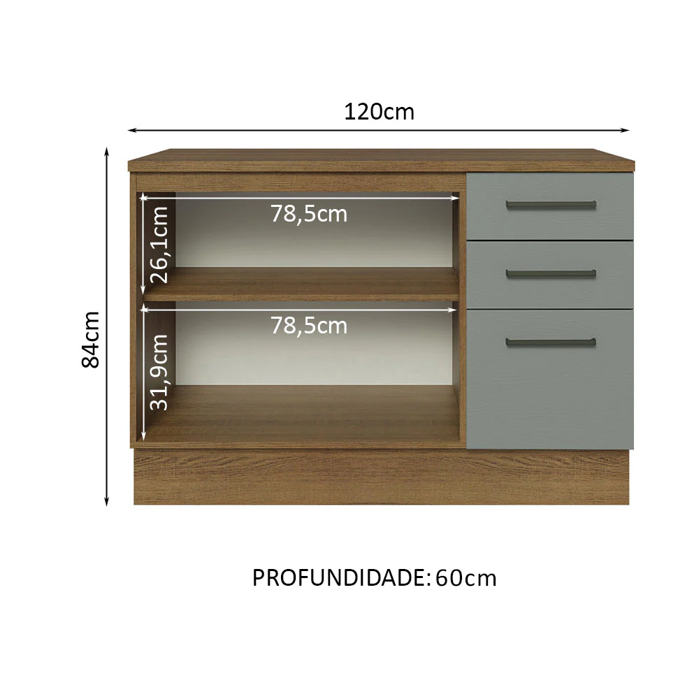 Balcão Multiuso 120cm 2 Portas 3 Gavetas Rustic/Cinza Agata Madesa - Image 4