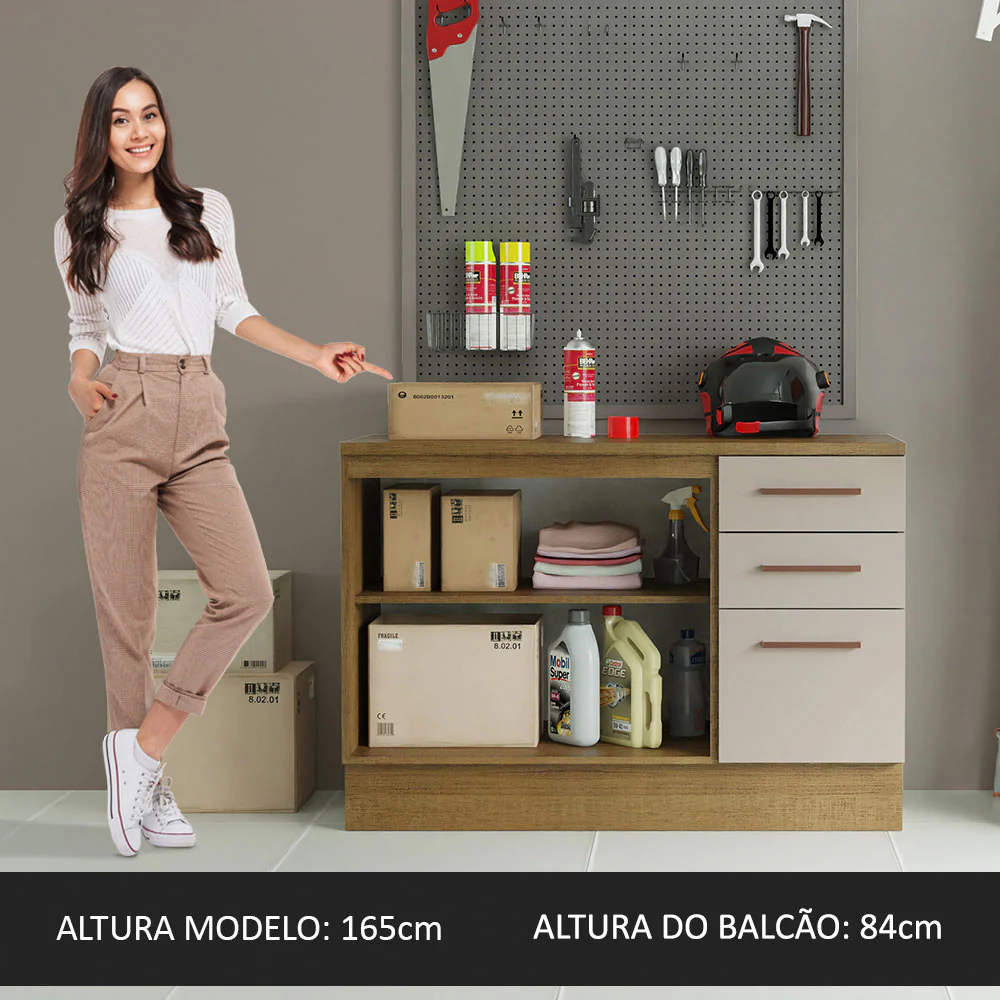 Balcão Multiuso 120cm 2 Portas 3 Gavetas Rustic/Crema Agata Madesa - Image 6