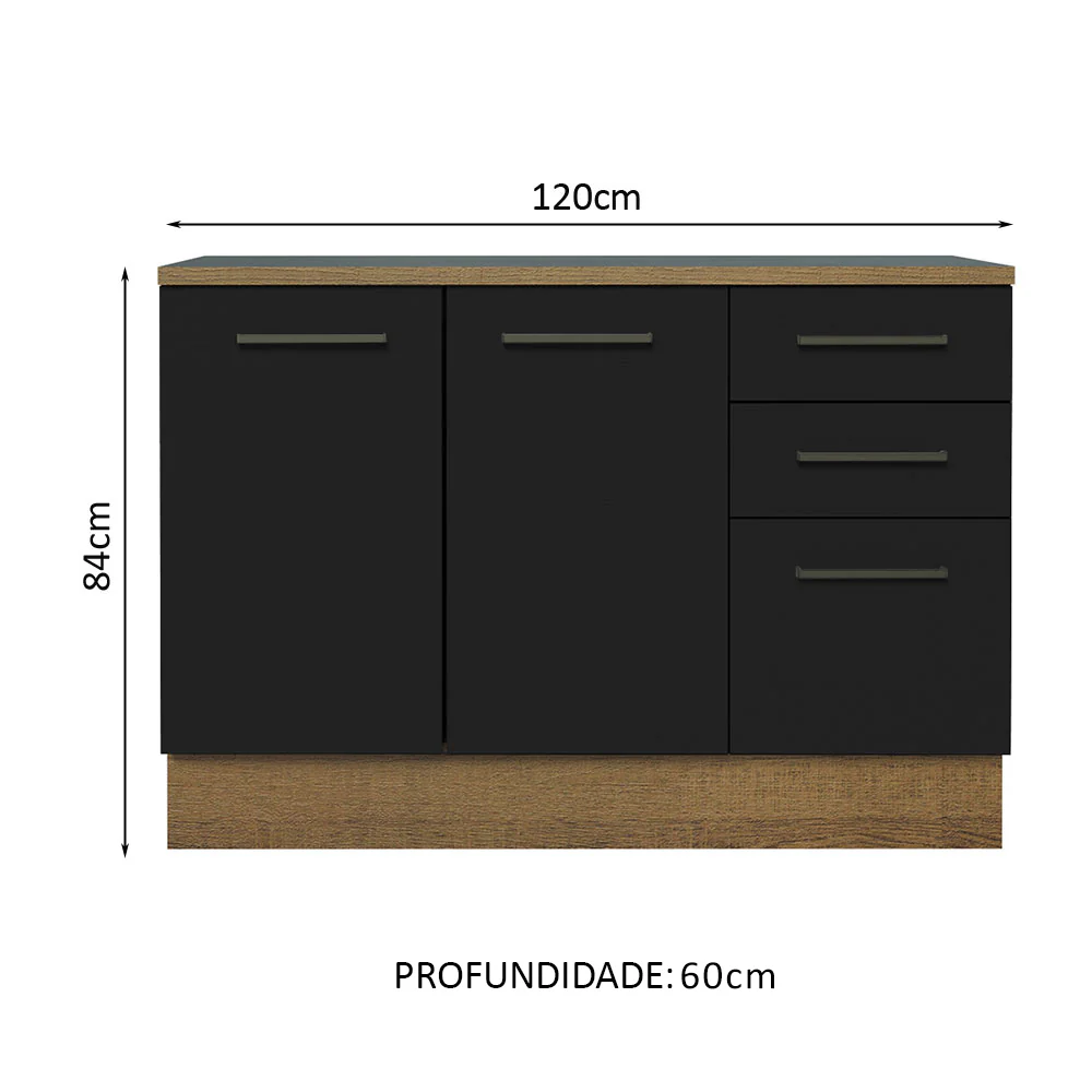 Balcão Multiuso 120cm 2 Portas 3 Gavetas Rustic/Preto Agata Madesa - Image 3