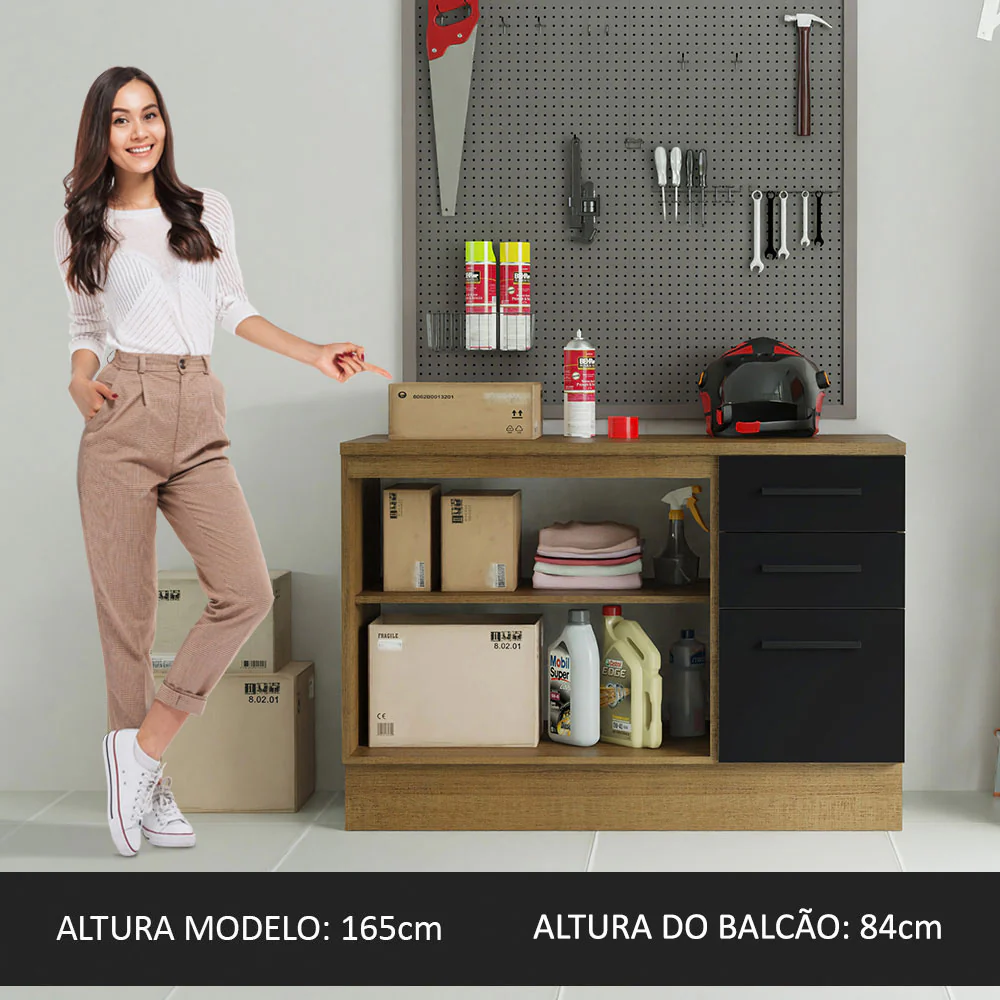 Balcão Multiuso 120cm 2 Portas 3 Gavetas Rustic/Preto Agata Madesa - Image 6