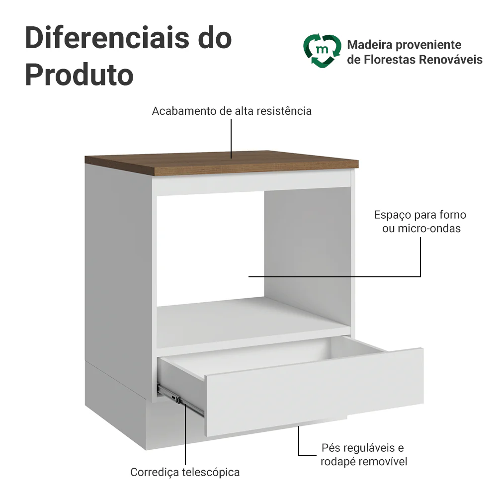 Balcão para Forno/Micro-ondas 70 x 60 cm 1 Gaveta Branco Tampo Rustic Madesa - Image 4