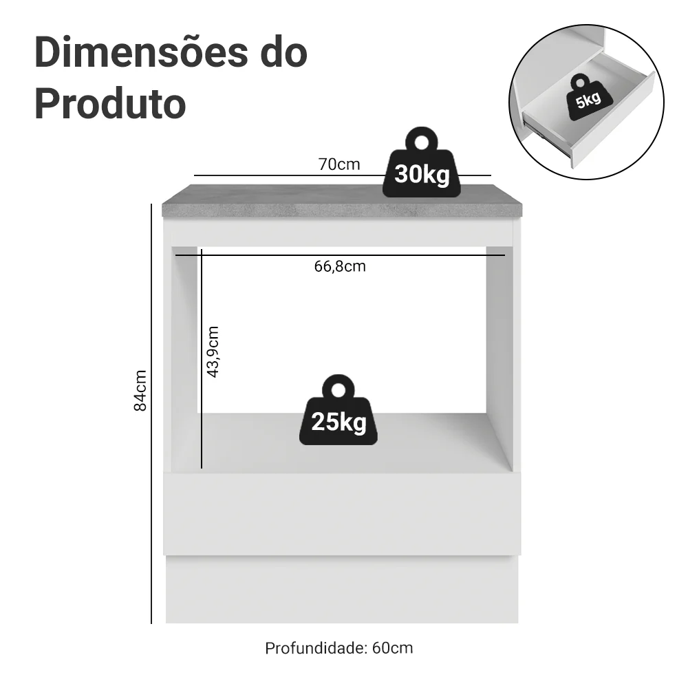 Balcão para Forno/Micro-ondas 70 x 60 cm 1 Gaveta (Com Tampo) Branco Madesa - Image 3