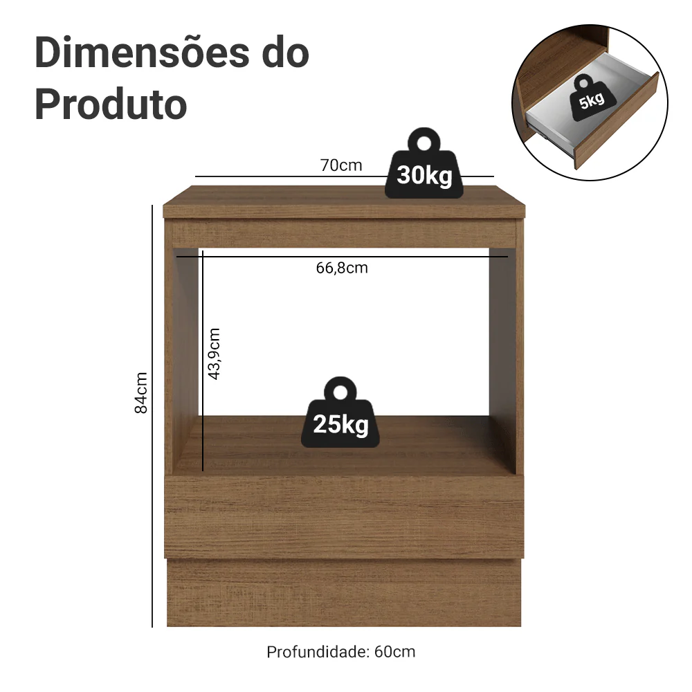 Balcão para Forno/Micro-ondas 70 x 60 cm 1 Gaveta (Com Tampo) Rustic Madesa - Image 3