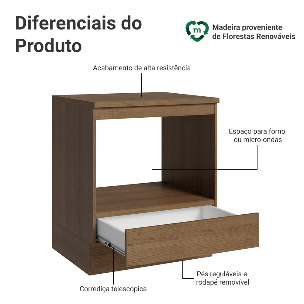 Balcão para Forno/Micro-ondas 70 x 60 cm 1 Gaveta (Com Tampo) Rustic Madesa - Image 4