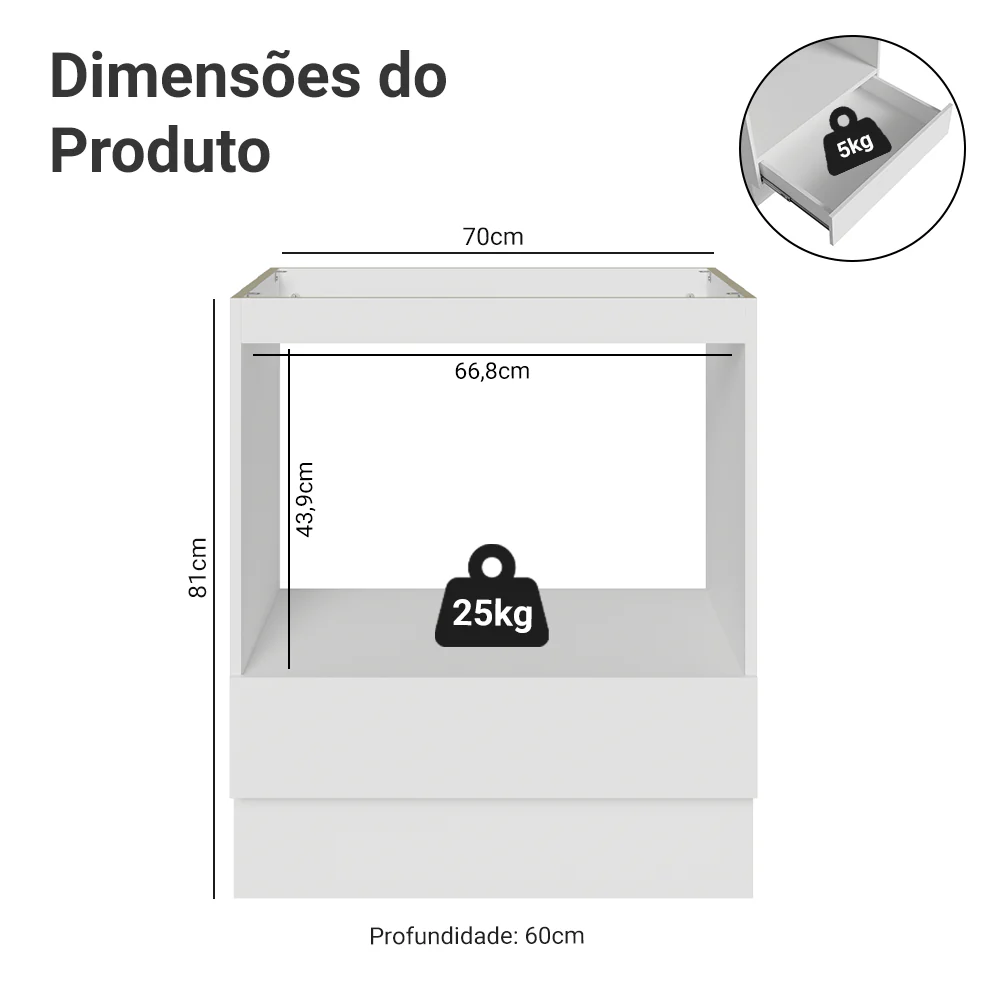 Balcão para Forno/Micro-ondas 70 x 60 cm 1 Gaveta (Sem Tampo) Branco Madesa - Image 3