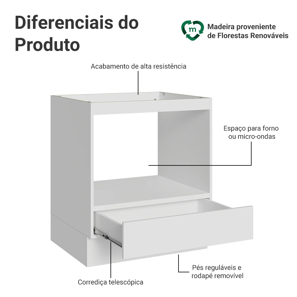 Balcão para Forno/Micro-ondas 70 x 60 cm 1 Gaveta (Sem Tampo) Branco Madesa - Image 4
