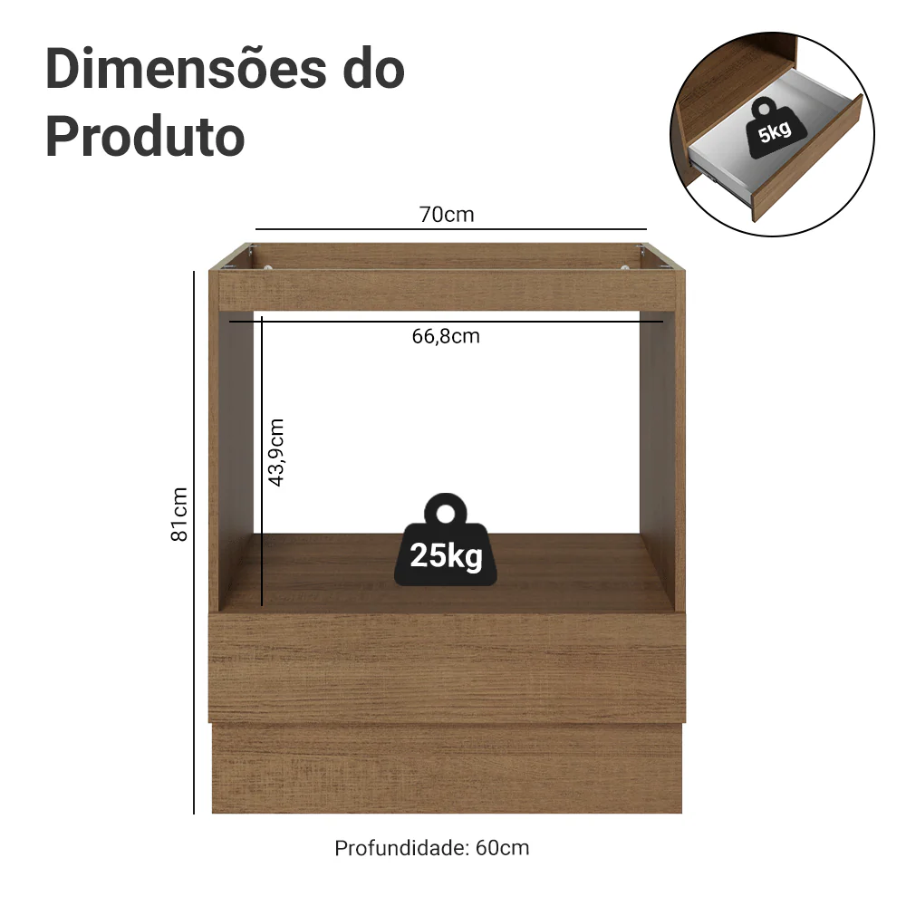 Balcão para Forno/Micro-ondas 70 x 60 cm 1 Gaveta (Sem Tampo) Rustic Madesa - Image 3