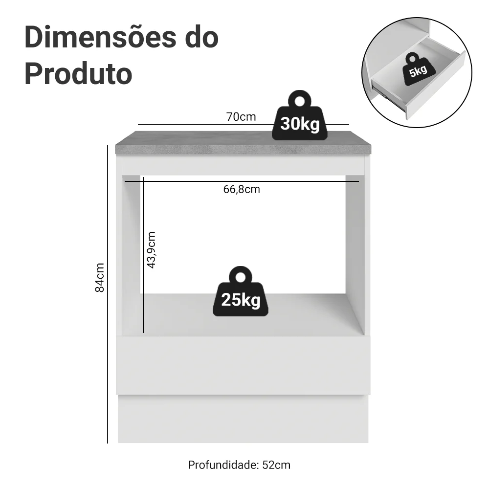 Balcão para Forno/Micro-ondas 70 cm 1 Gaveta Branco Madesa - Image 3