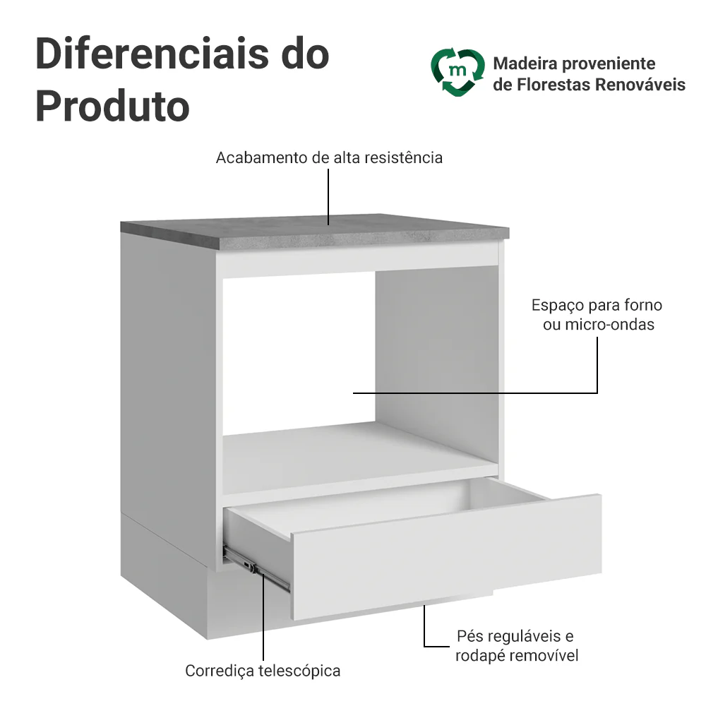 Balcão para Forno/Micro-ondas 70 cm 1 Gaveta Branco Madesa - Image 4
