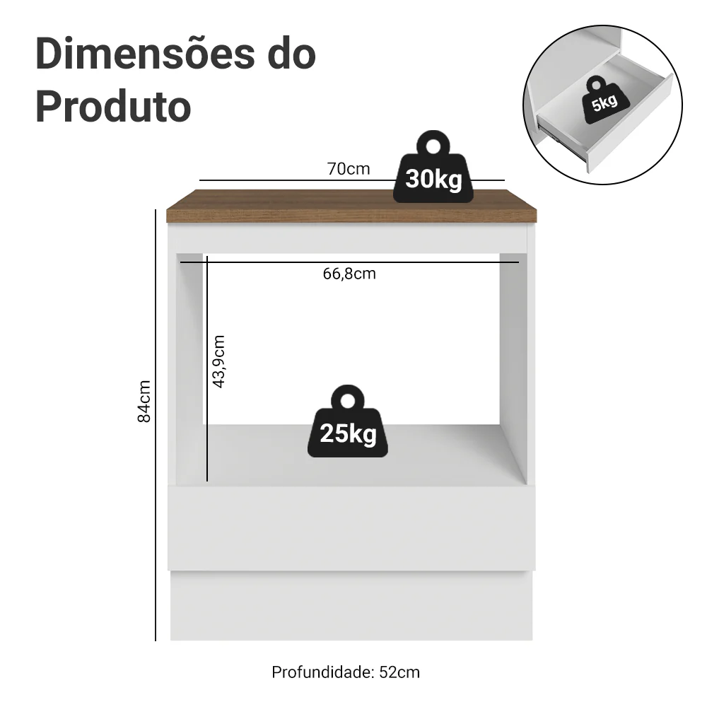 Balcão para Forno/Micro-ondas 70 cm 1 Gaveta Branco Tampo Rustic Madesa - Image 3