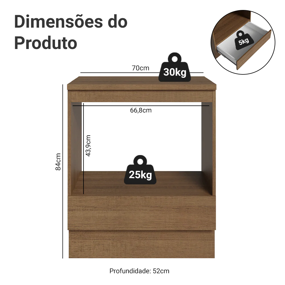 Balcão para Forno/Micro-ondas 70 cm 1 Gaveta Rustic Madesa - Image 3