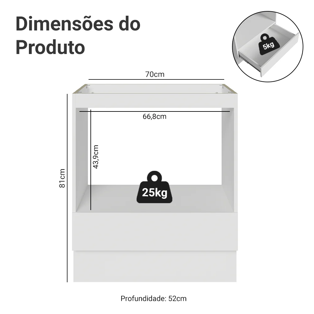 Balcão para Forno/Micro-ondas 70 cm 1 Gaveta (Sem Tampo) Branco Madesa - Image 3