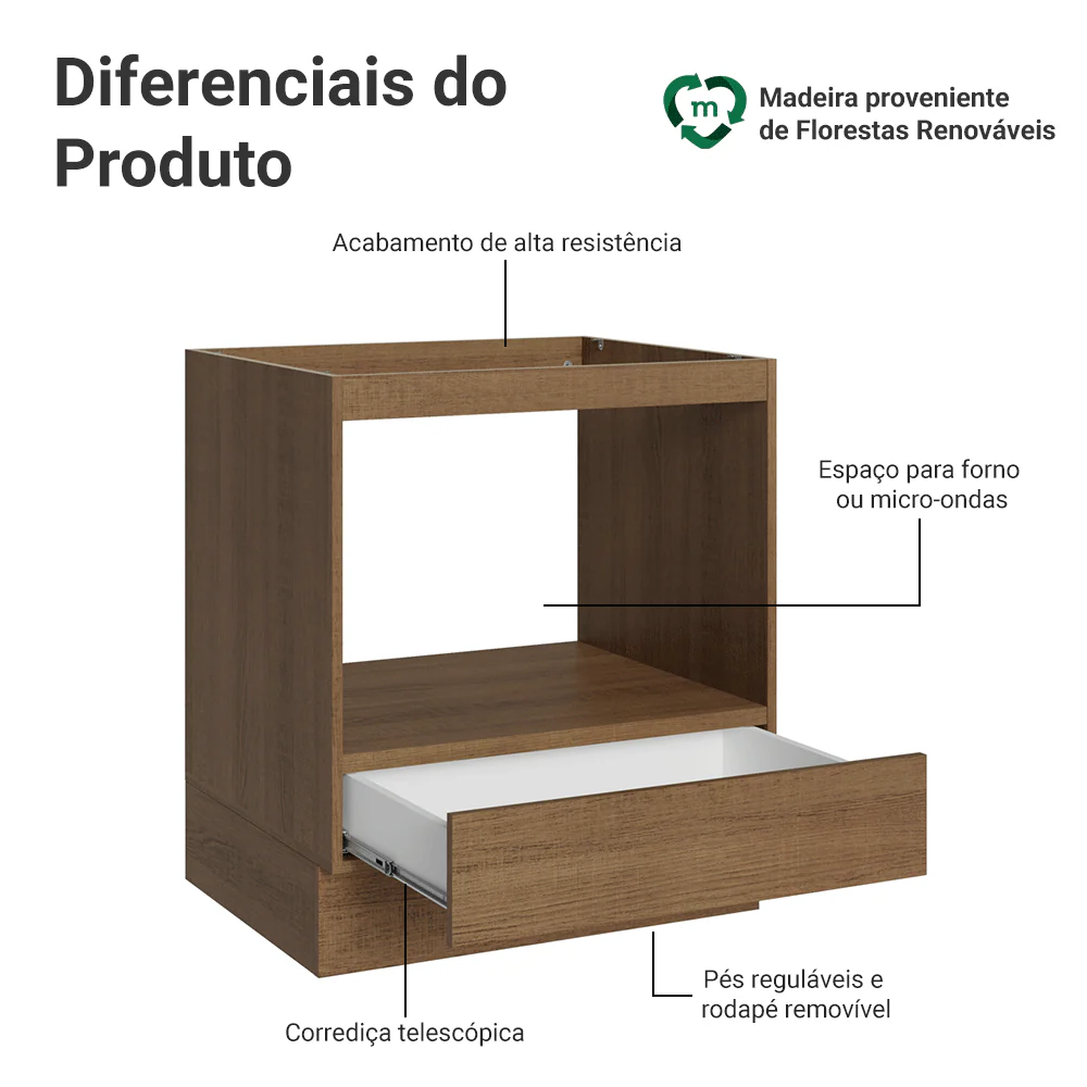 Balcão para Forno/Micro-ondas 70 cm 1 Gaveta (Sem Tampo) Rustic Madesa - Image 4