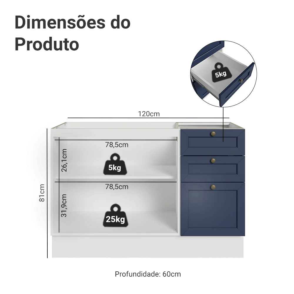 Balcão de Pia 120 x 60 cm 2 Portas 3 Gavetas (Sem Tampo) Branco/Azul Vik Madesa - Image 2