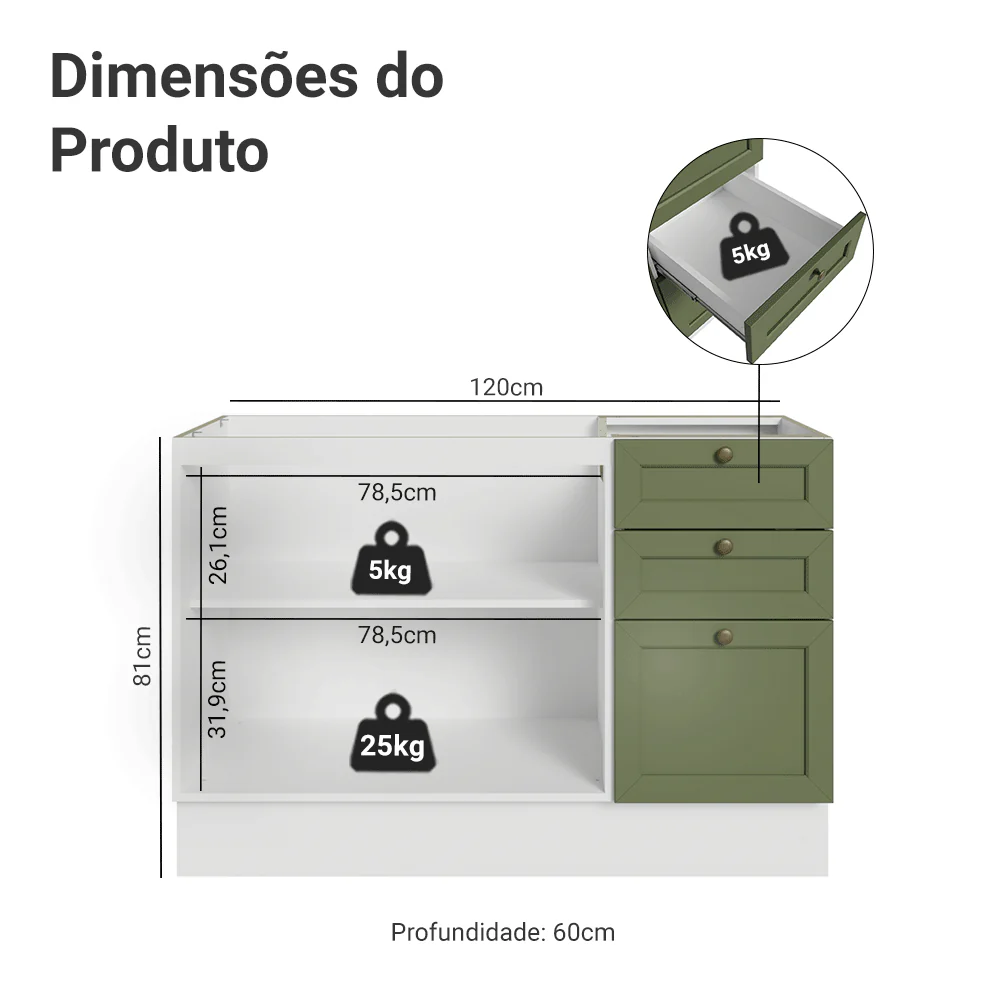 Balcão de Pia 120 x 60 cm 2 Portas 3 Gavetas (Sem Tampo) Branco/Verde Vik Madesa - Image 2