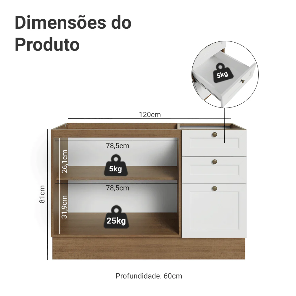 Balcão de Pia 120 x 60 cm 2 Portas 3 Gavetas (Sem Tampo) Rustic/Branco Vik Madesa - Image 2